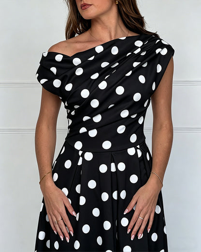 Women's Skew Neck Polka Dot Maxi Dress Ruched A-Line Swing Dress Elegant Party Cocktail Dress with Pockets