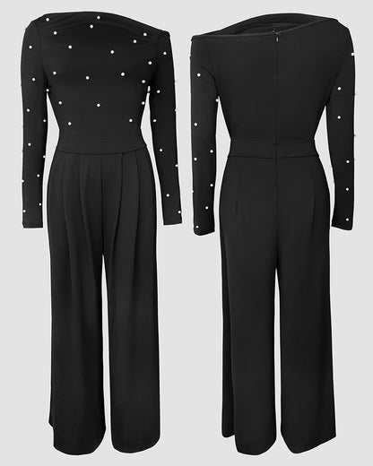Pearls Decor Skew Neck Long Sleeve Cinched Waist Overalls Casual Ruched Zipper Back Wide Leg Jumpsuit