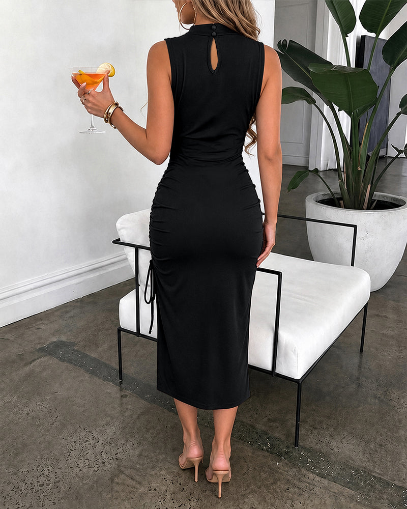 Women's Mock Neck Ruched Midi Dress Sleeveless Side Slit Drawstring Vacation Dress Slim Fit Party Dress