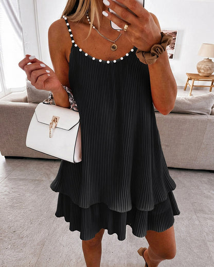 Women's Pearls Embellished Straps Mini Dress Backless Pleated Dress Casual Double Layer Lettuce Trim Cami Sun Dress