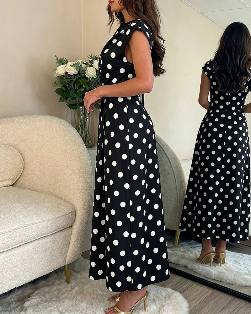 Women's Skew Neck Polka Dot Maxi Dress Ruched A-Line Swing Dress Elegant Party Cocktail Dress with Pockets