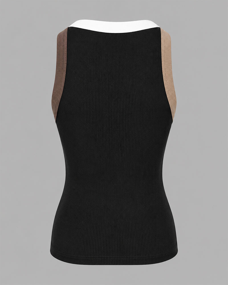 Women's Contrast Binding Tank Top Ribbed Knit Sleeveless Scoop Neck Slim Fit Camisole Top with Built-in Bra
