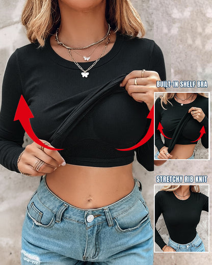 Women's Crewneck Long Sleeve Ribbed Knit Top Slim Fit Base Layer Shirt Soft Stretchy Casual Tee with Built-in Bra