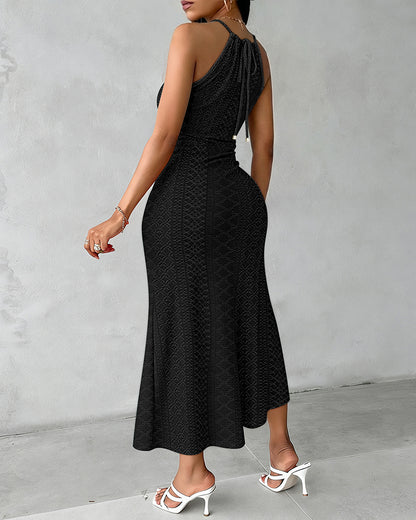 Halter Tie Criss Cross Front Ruched Knit Jacquard Textured Slit Dress Casual Hollow-out Draped Vacation Dress