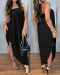 Women's Faux Two-Piece Dress Strapless Tube Dress Ruched Asymmetric Hem Dress with Detachable Clear Straps