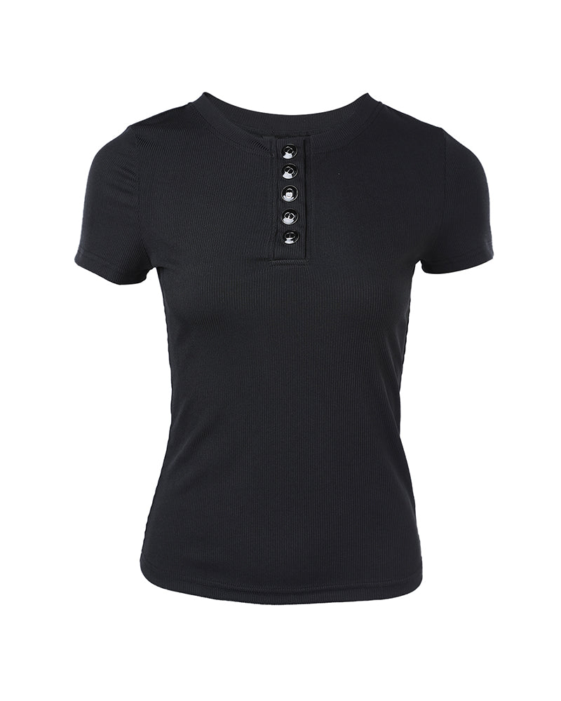 Women's Henley Short Sleeve Top Slim Fit Ribbed Knit Casual T-Shirt