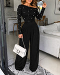 Pearls Decor Skew Neck Long Sleeve Cinched Waist Overalls Casual Ruched Zipper Back Wide Leg Jumpsuit
