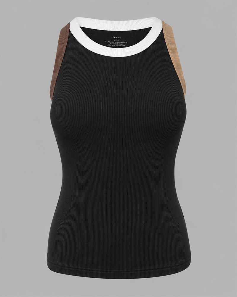 Women's Contrast Binding Tank Top Ribbed Knit Sleeveless Scoop Neck Slim Fit Camisole Top with Built-in Bra
