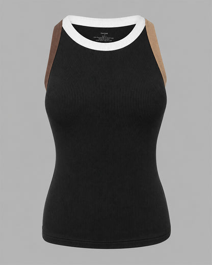 Women's Contrast Binding Tank Top Ribbed Knit Sleeveless Scoop Neck Slim Fit Camisole Top with Built-in Bra