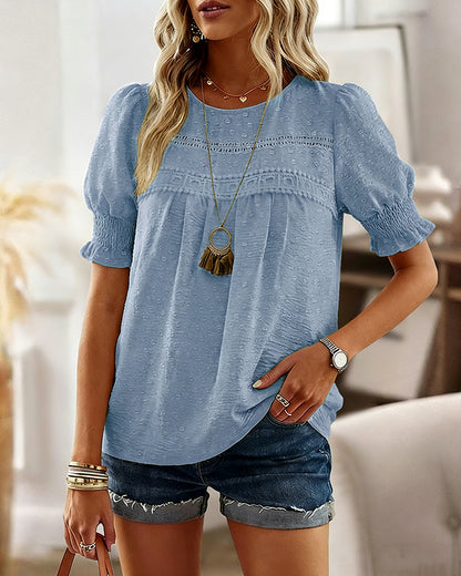 Puff Sleeve Hollow-out Lace Spliced 3D Jacquard Blouse Casual Shirred Cuffs Loose Fit Top