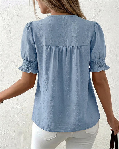 Puff Sleeve Hollow-out Lace Spliced 3D Jacquard Blouse Casual Shirred Cuffs Loose Fit Top