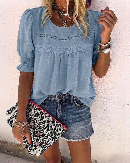 Puff Sleeve Hollow-out Lace Spliced 3D Jacquard Blouse Casual Shirred Cuffs Loose Fit Top