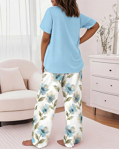 2 Pieces Outfit Faith Letter Print Short Sleeve Top and Watercolor Floral Print Elastic Waist Pants Set Casual Pajamas Set