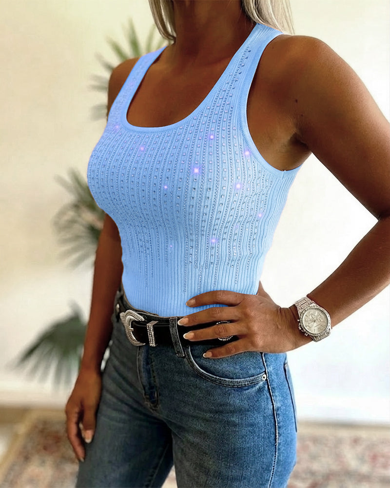 Rhinestone Decor U-Neck Sleeveless Tee Slim Fit Backless Ribbed Tank Top