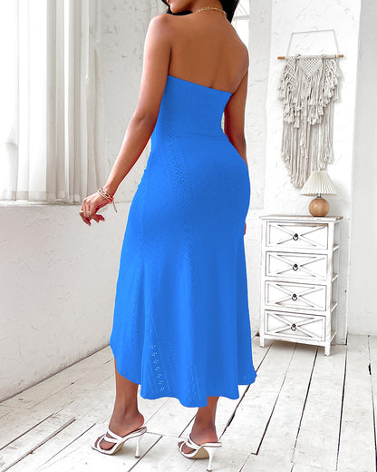 Sleeveless Ruched Cinched Waist Draped Bandeau Dress Eyelet Embroidery Slit Asymmetrical Hem Vacation Dress
