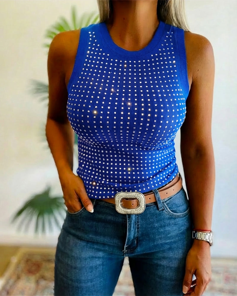 Rhinestone Decor O-neck Sleeveless Tee Slim Fit Ribbed Tank Top