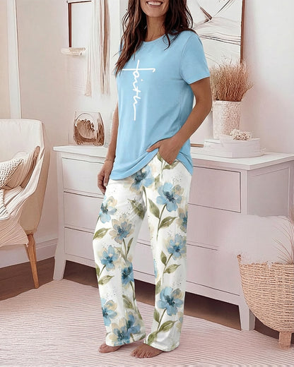 2 Pieces Outfit Faith Letter Print Short Sleeve Top and Watercolor Floral Print Elastic Waist Pants Set Casual Pajamas Set