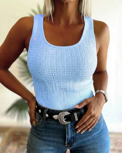 Rhinestone Decor U-Neck Sleeveless Tee Slim Fit Backless Ribbed Tank Top