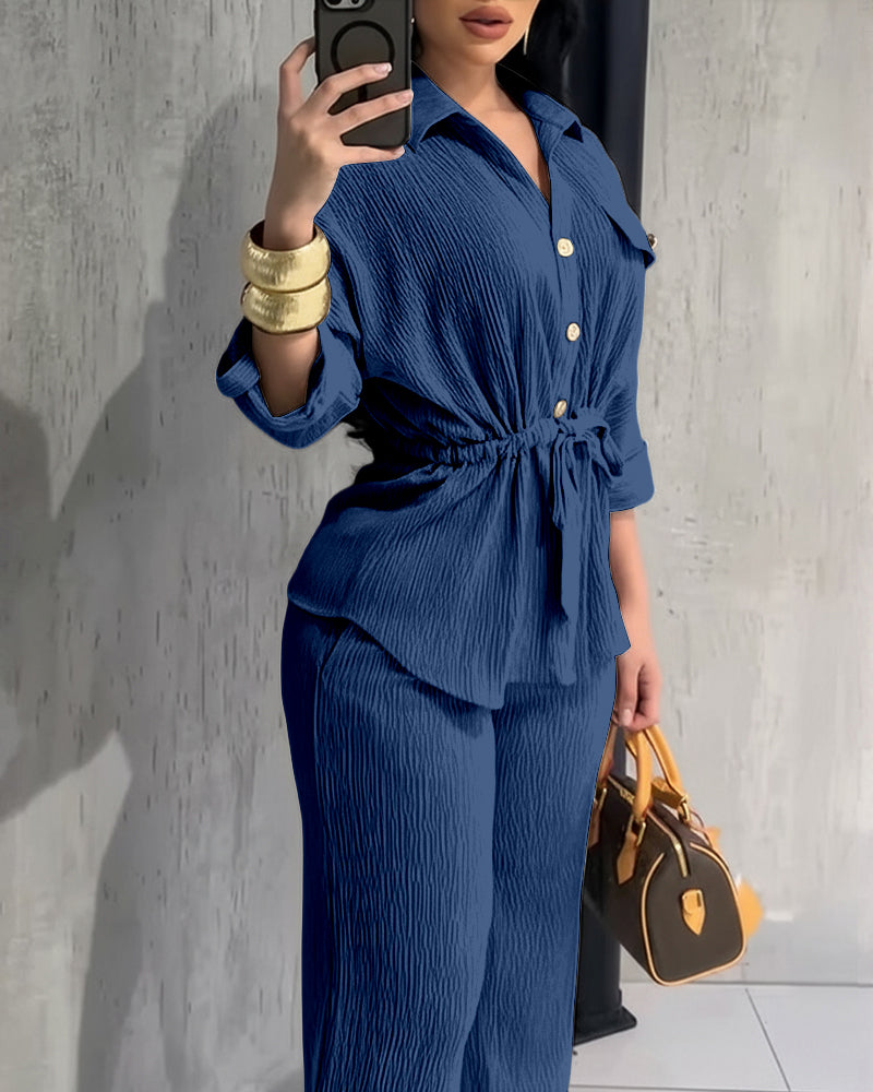 2 Pieces Outfit Vintage Turn-down Collar Roll Up Sleeve Button Front Flap Pocket Design Waist Drawstring Top and Elastic Waist Wide Leg Pants Set Casual Textured Commuting Set