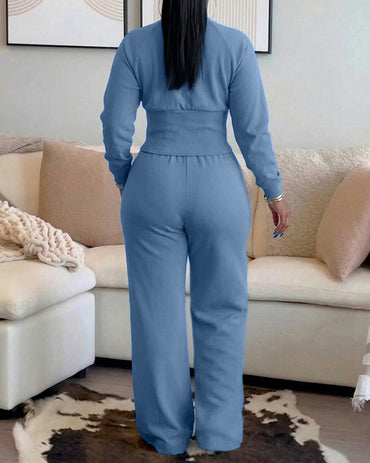 2 Pieces Outfit O-neck Long Sleeve Cinched Waist Sweatshirt and Elastic Waist Wide Leg Pants Set Casual Seam Design Sweatpants Set