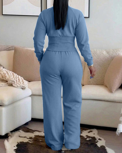 2 Pieces Outfit O-neck Long Sleeve Cinched Waist Sweatshirt and Elastic Waist Wide Leg Pants Set Casual Seam Design Sweatpants Set
