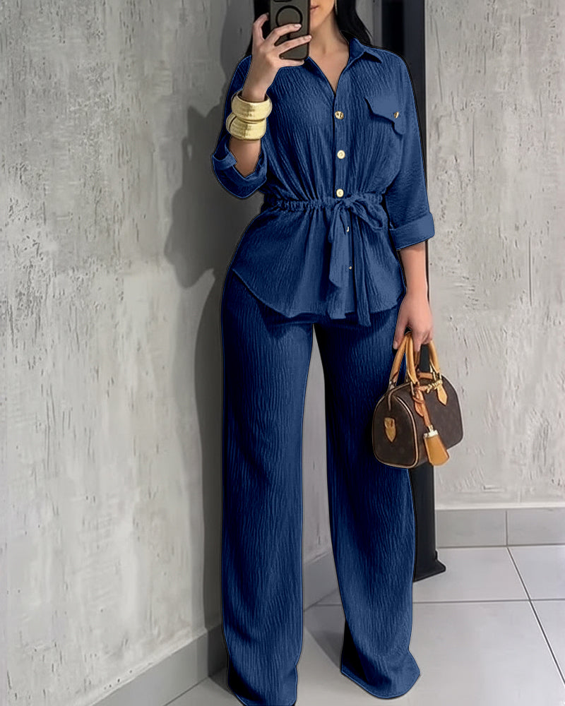 2 Pieces Outfit Vintage Turn-down Collar Roll Up Sleeve Button Front Flap Pocket Design Waist Drawstring Top and Elastic Waist Wide Leg Pants Set Casual Textured Commuting Set