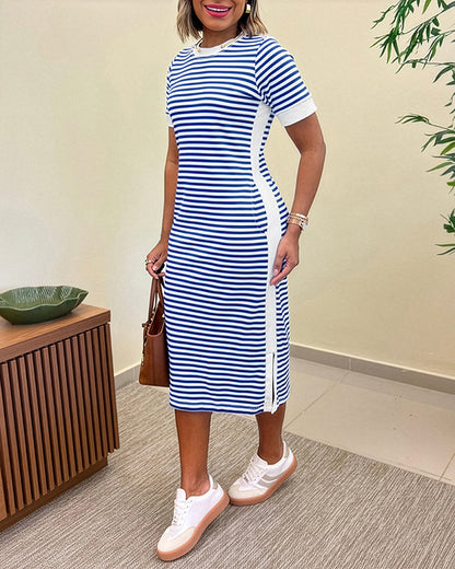 Women's Striped Colorblock Midi T-Shirt Dress Casual Crew Neck Waist-Cinching Slit Dress with Pockets