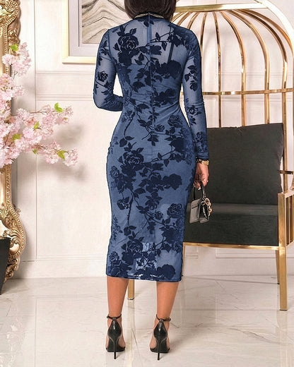 Women's Flocked Floral Mesh Dress Set Mock Neck Long Sleeve Bodycon Dress Sheer Lace Party Midi Dress with Camisole Slip Dress