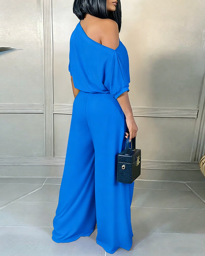 Skew Neck Batwing Sleeve High Waist Overalls Casual Short Sleeve Cinched Waist Wide Leg Jumpsuit