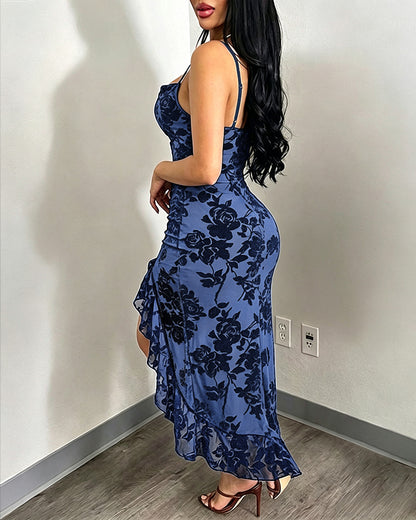 Vestido largo vintage con estampado floral aterciopelado para mujer, vestido sexy de tirantes y cuello drapeado, sin espalda, ceñido y con abertura alta, vestido de noche