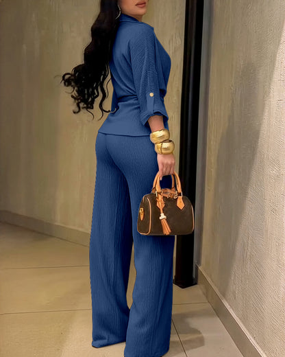2 Pieces Outfit Vintage Turn-down Collar Roll Up Sleeve Button Front Flap Pocket Design Waist Drawstring Top and Elastic Waist Wide Leg Pants Set Casual Textured Commuting Set
