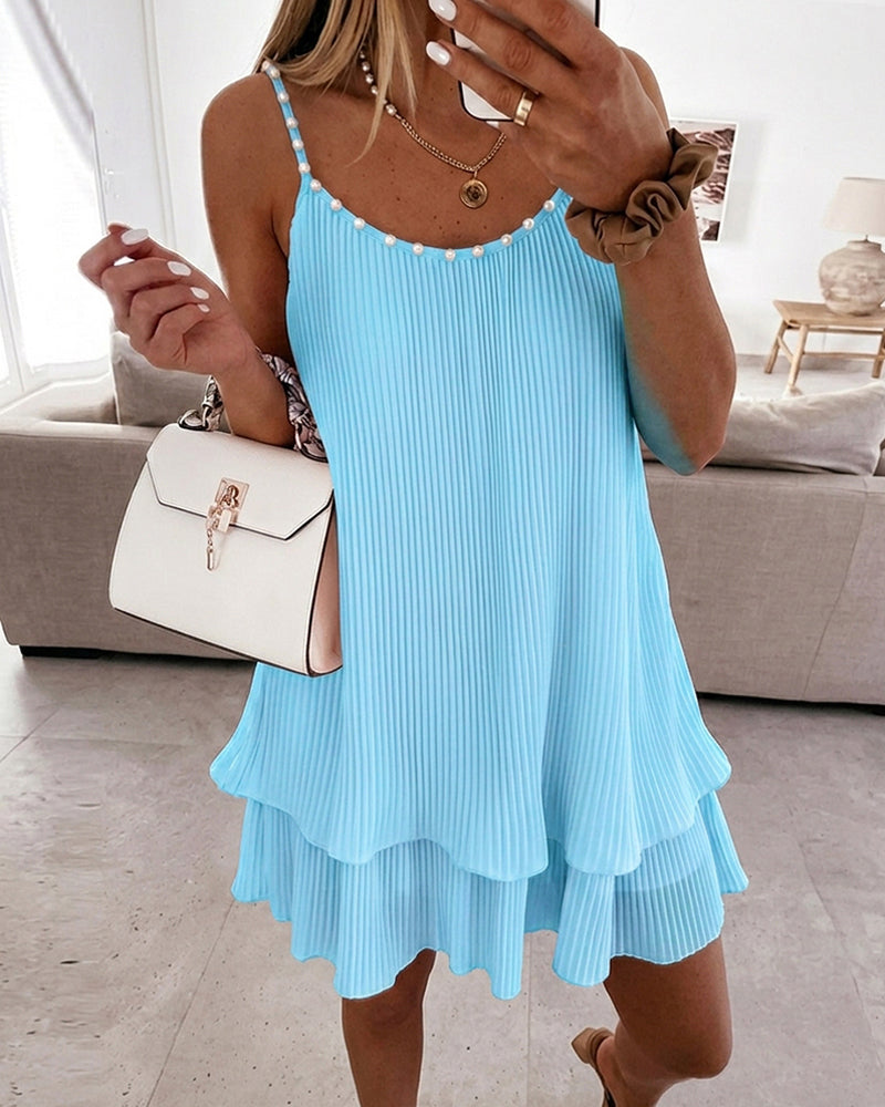 Women's Pearls Embellished Straps Mini Dress Backless Pleated Dress Casual Double Layer Lettuce Trim Cami Sun Dress