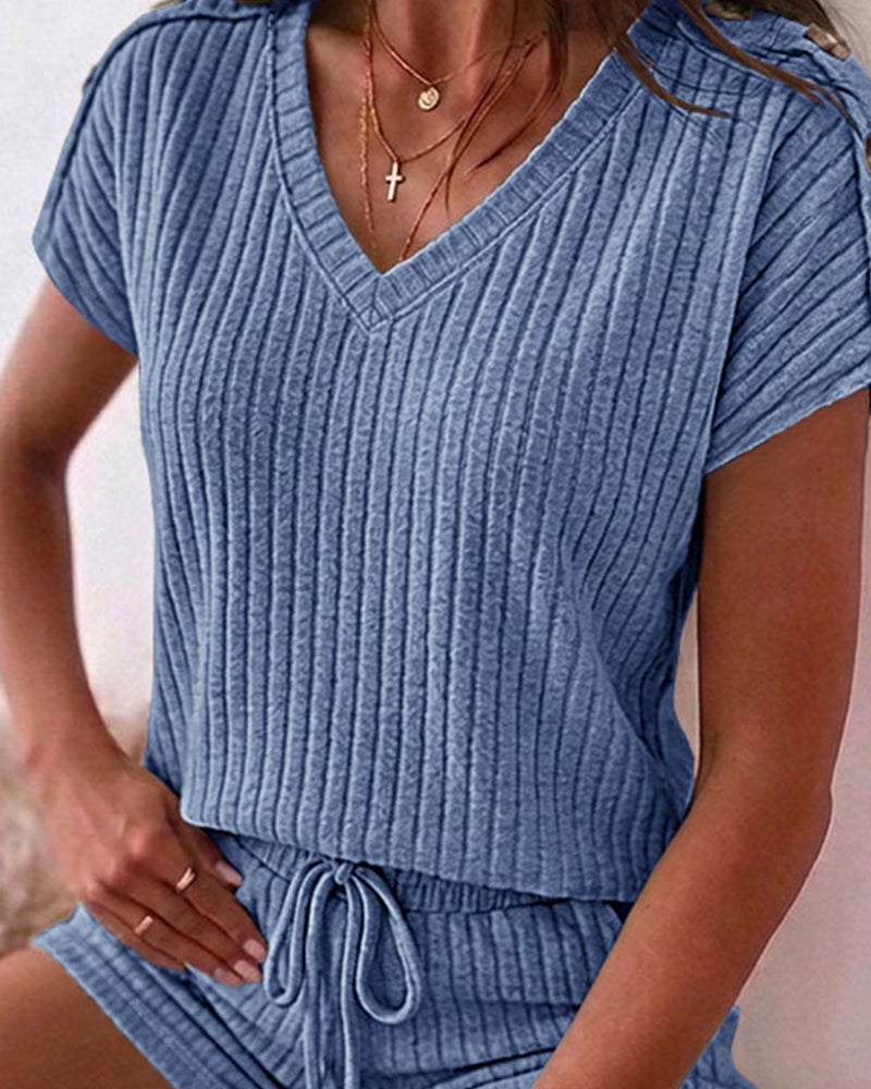 Women's Ribbed Knit 2 Piece Outfits V Neck Short Sleeve Top and Drawstring Shorts Set Casual Lounge Suits with Pockets