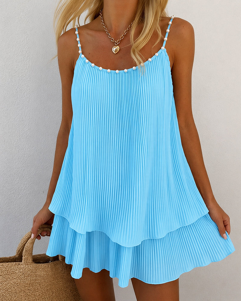 Women's Pearls Embellished Straps Mini Dress Backless Pleated Dress Casual Double Layer Lettuce Trim Cami Sun Dress