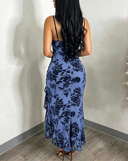 Vestido largo vintage con estampado floral aterciopelado para mujer, vestido sexy de tirantes y cuello drapeado, sin espalda, ceñido y con abertura alta, vestido de noche