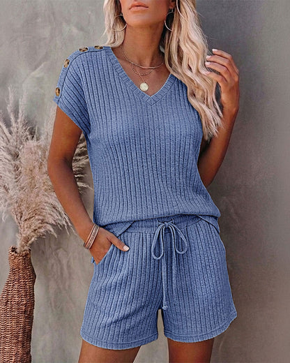 Women's Ribbed Knit 2 Piece Outfits V Neck Short Sleeve Top and Drawstring Shorts Set Casual Lounge Suits with Pockets