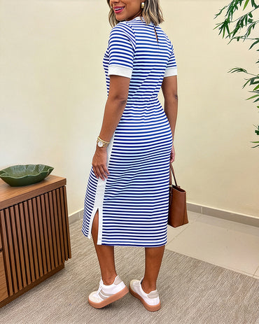 Women's Striped Colorblock Midi T-Shirt Dress Casual Crew Neck Waist-Cinching Slit Dress with Pockets