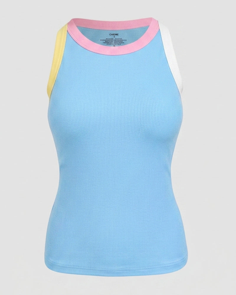 Women's Contrast Binding Tank Top Ribbed Knit Sleeveless Scoop Neck Slim Fit Camisole Top with Built-in Bra