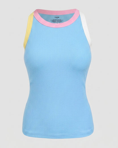 Women's Contrast Binding Tank Top Ribbed Knit Sleeveless Scoop Neck Slim Fit Camisole Top with Built-in Bra