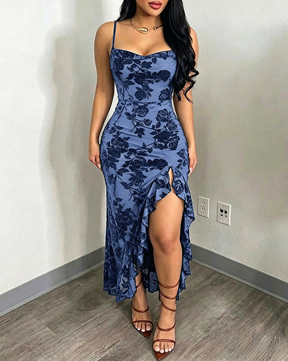 Vestido largo vintage con estampado floral aterciopelado para mujer, vestido sexy de tirantes y cuello drapeado, sin espalda, ceñido y con abertura alta, vestido de noche