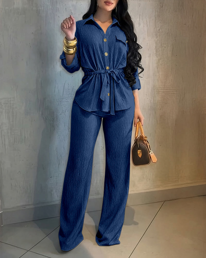 2 Pieces Outfit Vintage Turn-down Collar Roll Up Sleeve Button Front Flap Pocket Design Waist Drawstring Top and Elastic Waist Wide Leg Pants Set Casual Textured Commuting Set
