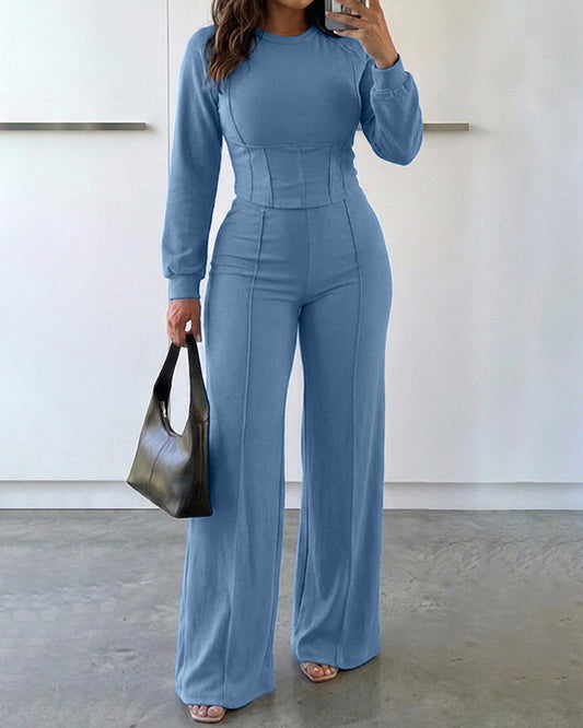 2 Pieces Outfit O-neck Long Sleeve Cinched Waist Sweatshirt and Elastic Waist Wide Leg Pants Set Casual Seam Design Sweatpants Set