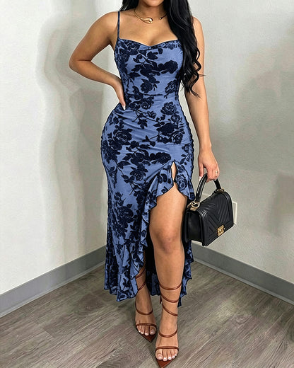 Vestido largo vintage con estampado floral aterciopelado para mujer, vestido sexy de tirantes y cuello drapeado, sin espalda, ceñido y con abertura alta, vestido de noche
