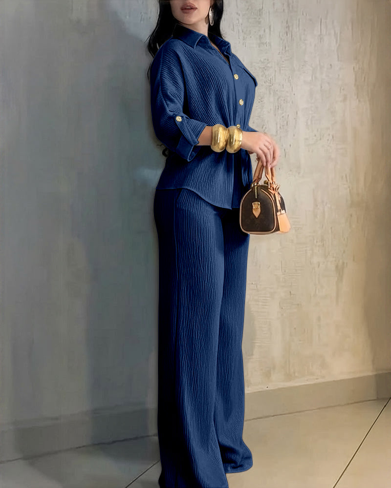 2 Pieces Outfit Vintage Turn-down Collar Roll Up Sleeve Button Front Flap Pocket Design Waist Drawstring Top and Elastic Waist Wide Leg Pants Set Casual Textured Commuting Set