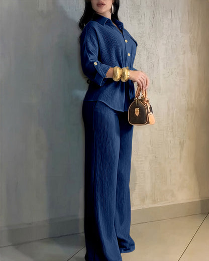 2 Pieces Outfit Vintage Turn-down Collar Roll Up Sleeve Button Front Flap Pocket Design Waist Drawstring Top and Elastic Waist Wide Leg Pants Set Casual Textured Commuting Set