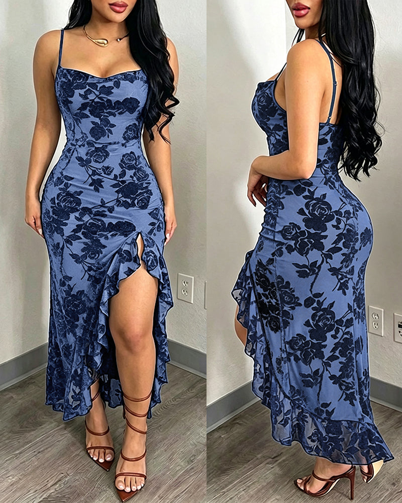 Vestido largo vintage con estampado floral aterciopelado para mujer, vestido sexy de tirantes y cuello drapeado, sin espalda, ceñido y con abertura alta, vestido de noche