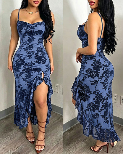 Vestido largo vintage con estampado floral aterciopelado para mujer, vestido sexy de tirantes y cuello drapeado, sin espalda, ceñido y con abertura alta, vestido de noche