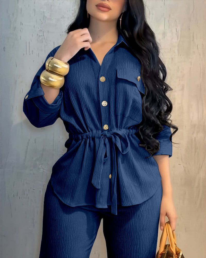 2 Pieces Outfit Vintage Turn-down Collar Roll Up Sleeve Button Front Flap Pocket Design Waist Drawstring Top and Elastic Waist Wide Leg Pants Set Casual Textured Commuting Set