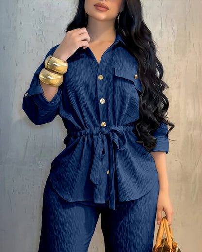 2 Pieces Outfit Vintage Turn-down Collar Roll Up Sleeve Button Front Flap Pocket Design Waist Drawstring Top and Elastic Waist Wide Leg Pants Set Casual Textured Commuting Set