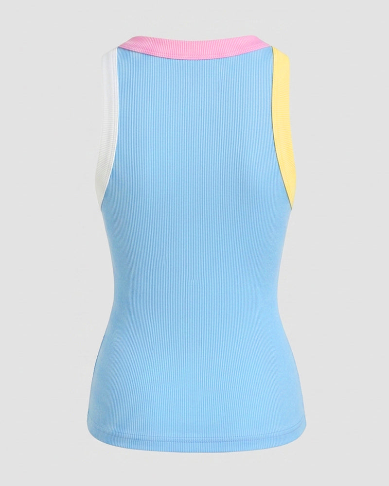 Women's Contrast Binding Tank Top Ribbed Knit Sleeveless Scoop Neck Slim Fit Camisole Top with Built-in Bra
